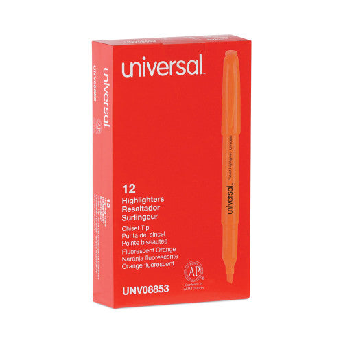 Universal Pocket Highlighters, Fluorescent Orange Ink, Chisel Tip, Orange Barrel, Dozen (UNV08853)