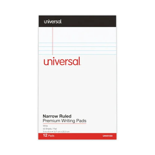 Universal Premium Ruled Writing Pads with Heavy-Duty Back, Narrow Rule, Black Headband, 50 White 5 x 8 Sheets, 12/Pack (UNV57300)