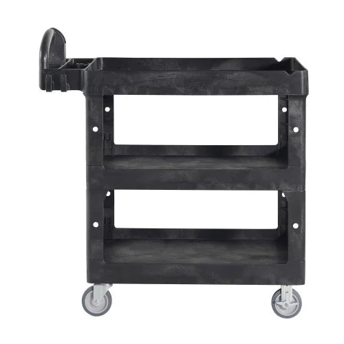 Rubbermaid Commercial BRUTE 3-Shelf Heavy-Duty Ergo Lipped Utility Cart, Resin, 3 Shelves, 600 lb Capacity, 25.24" x 44" x 47", Black (2196862)