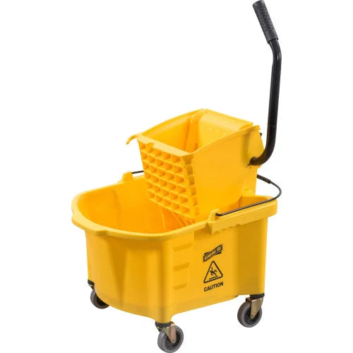 Genuine Joe Splash Shield Mop Bucket/Wringer 6.50 gal - Wringer, Caution Sign, Handle, Measurement Marking, Caster, Putty Knife Holder, Mop Stick Holder - Plastic, Metal - Black, Yellow - 1 Each (GJO60466)