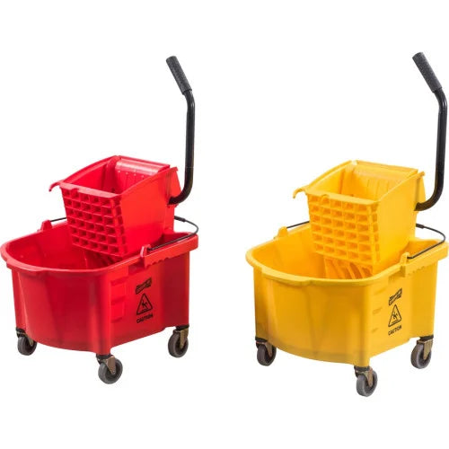 Genuine Joe Splash Shield Mop Bucket/Wringer 6.50 gal - Wringer, Caution Sign, Handle, Measurement Marking, Caster, Putty Knife Holder, Mop Stick Holder - Plastic, Metal - Black, Yellow - 1 Each (GJO60466)
