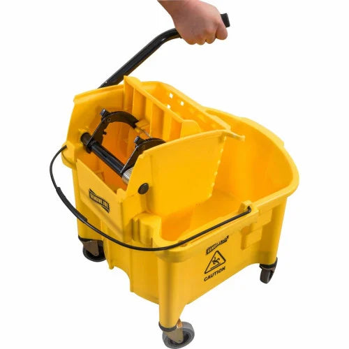 Genuine Joe Splash Shield Mop Bucket/Wringer 6.50 gal - Wringer, Caution Sign, Handle, Measurement Marking, Caster, Putty Knife Holder, Mop Stick Holder - Plastic, Metal - Black, Yellow - 1 Each (GJO60466)