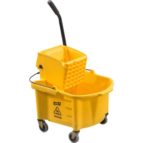 Genuine Joe Splash Shield Mop Bucket/Wringer 6.50 gal - Wringer, Caution Sign, Handle, Measurement Marking, Caster, Putty Knife Holder, Mop Stick Holder - Plastic, Metal - Black, Yellow - 1 Each (GJO60466)