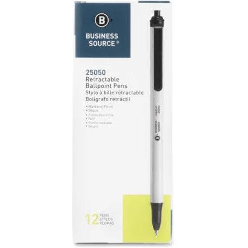 Business Source Retractable Ballpoint Pens Medium Pen Point - Retractable - Black Ink - Gray Barrel - 1 Dozen (BSN25050)