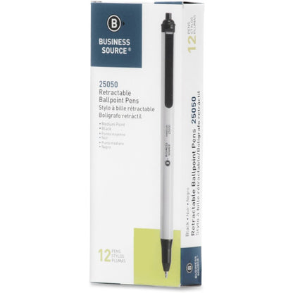 Business Source Retractable Ballpoint Pens Medium Pen Point - Retractable - Black Ink - Gray Barrel - 1 Dozen (BSN25050)