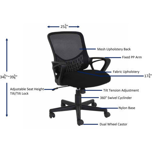 NuSparc Mid-back Mesh Task Chair Fabric Seat Material - Mid Back - Black - 1 Each (CH301MABK)