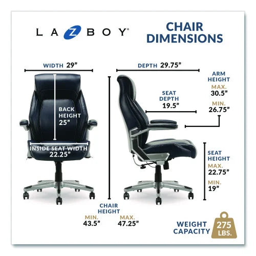 La-Z-Boy Meyer Bonded Leather Executive Chair, Supports Up to 275 lb, 19" x 22.75", Navy Seat, Navy/Back, Silver Base (60082NVYCC)