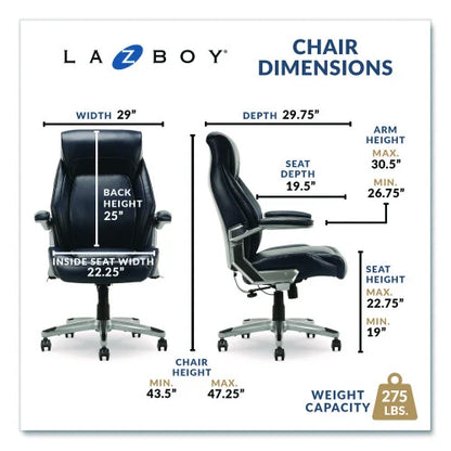 La-Z-Boy Meyer Bonded Leather Executive Chair, Supports Up to 275 lb, 19" x 22.75", Navy Seat, Navy/Back, Silver Base (60082NVYCC)