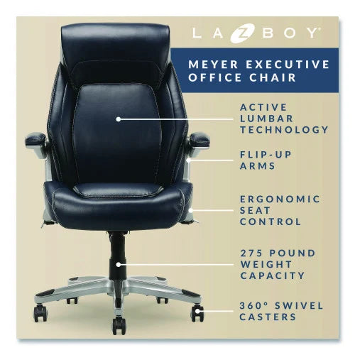 La-Z-Boy Meyer Bonded Leather Executive Chair, Supports Up to 275 lb, 19" x 22.75", Navy Seat, Navy/Back, Silver Base (60082NVYCC)