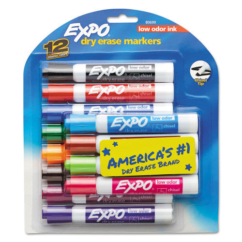 EXPO Low-Odor Dry-Erase Marker, Broad Chisel Tip, Assorted Colors, 12/Set (80699)