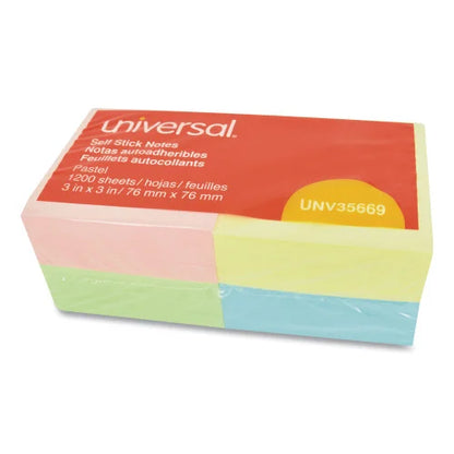 Universal Self-Stick Note Pads, 3" x 3", Assorted Pastel Colors, 100 Sheets/Pad, 12 Pads/Pack (UNV35669)