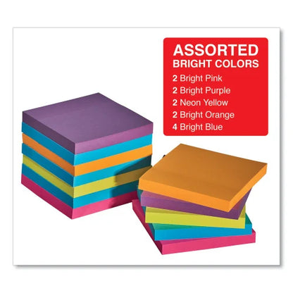 Universal Self-Stick Note Pads, 3" x 3", Assorted Bright Colors, 100 Sheets/Pad, 12 Pads/Pack (UNV35610)