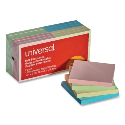 Universal Self-Stick Note Pads, 3" x 3", Assorted Pastel Colors, 100 Sheets/Pad, 12 Pads/Pack (UNV35669)