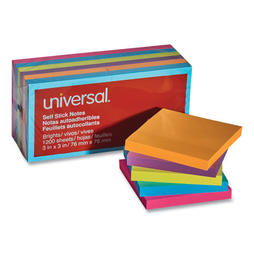 Universal Self-Stick Note Pads, 3" x 3", Assorted Bright Colors, 100 Sheets/Pad, 12 Pads/Pack (UNV35610)