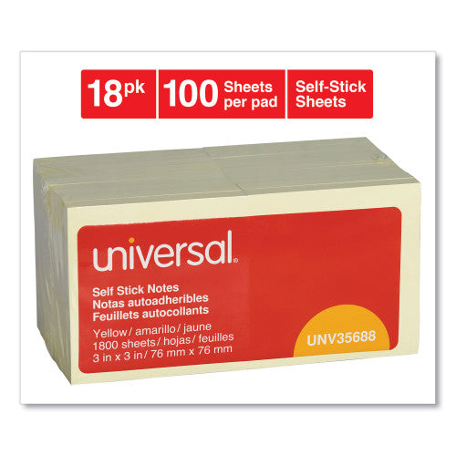 Universal Self-Stick Note Pad Value Pack, 3" x 3", Yellow, 100 Sheets/Pad, 18 Pads/Pack (UNV35688)