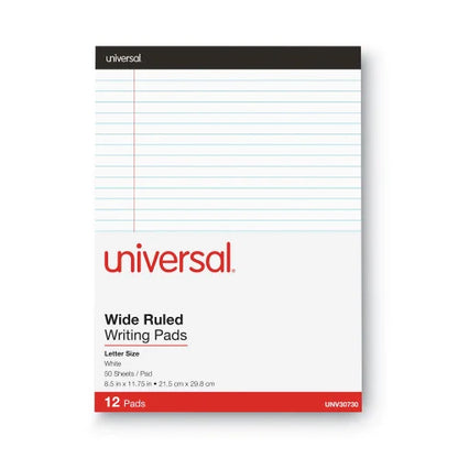 Universal Premium Ruled Writing Pads with Heavy-Duty Back, Wide/Legal Rule, Black Headband, 50 White 8.5 x 11 Sheets, 12/Pack (UNV30730)
