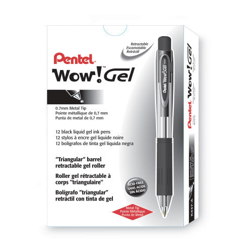 Pentel WOW! Gel Pen, Retractable, Medium 0.7 mm, Black Ink, Clear/Black Barrel, Dozen (K437A)
