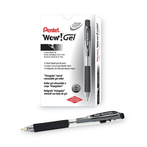 Pentel WOW! Gel Pen, Retractable, Medium 0.7 mm, Black Ink, Clear/Black Barrel, Dozen (K437A)
