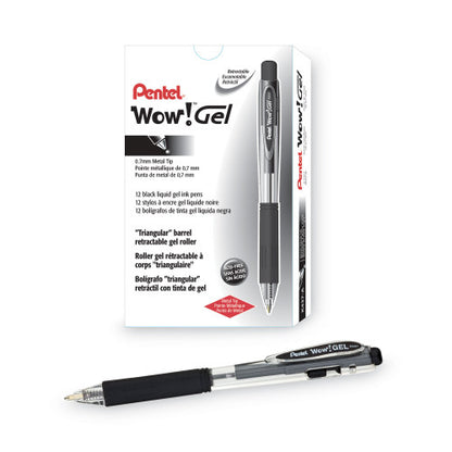 Pentel WOW! Gel Pen, Retractable, Medium 0.7 mm, Black Ink, Clear/Black Barrel, Dozen (K437A)