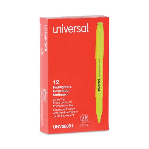 Universal Pocket Highlighters, Fluorescent Yellow Ink, Chisel Tip, Yellow Barrel, Dozen (UNV08851)