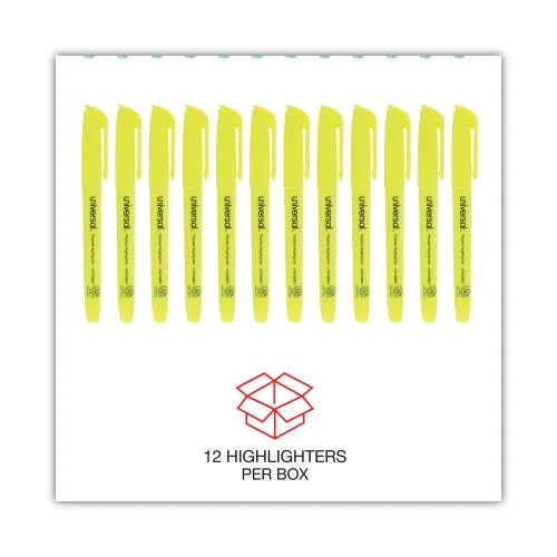 Universal Pocket Highlighters, Fluorescent Yellow Ink, Chisel Tip, Yellow Barrel, Dozen (UNV08851)