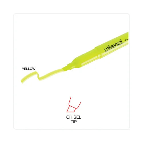 Universal Pocket Highlighters, Fluorescent Yellow Ink, Chisel Tip, Yellow Barrel, Dozen (UNV08851)