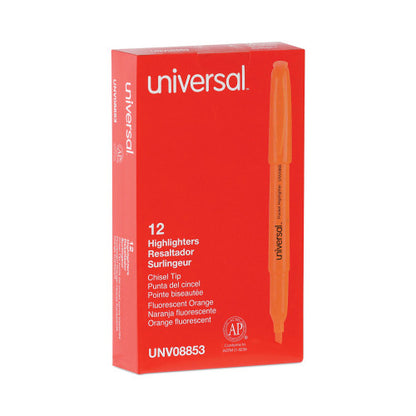 Universal Pocket Highlighters, Fluorescent Orange Ink, Chisel Tip, Orange Barrel, Dozen (UNV08853)