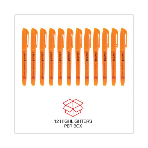 Universal Pocket Highlighters, Fluorescent Orange Ink, Chisel Tip, Orange Barrel, Dozen (UNV08853)