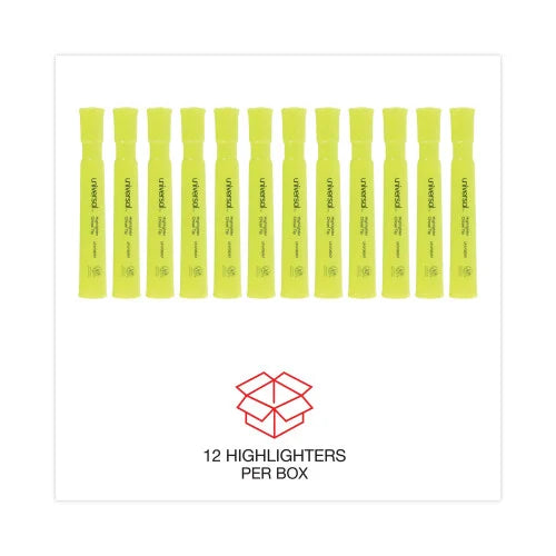 Universal Desk Highlighters, Fluorescent Yellow Ink, Chisel Tip, Yellow Barrel, Dozen (UNV08861)