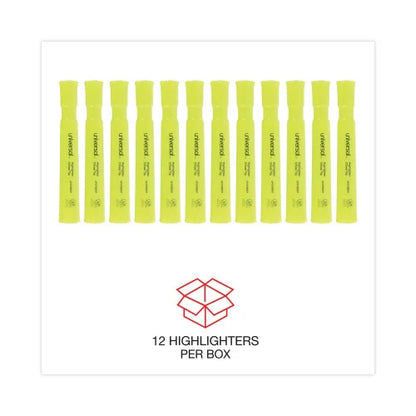 Universal Desk Highlighters, Fluorescent Yellow Ink, Chisel Tip, Yellow Barrel, Dozen (UNV08861)
