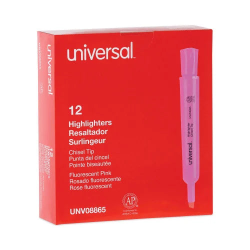 Universal Desk Highlighters, Fluorescent Pink Ink, Chisel Tip, Pink Barrel, Dozen (UNV08865)