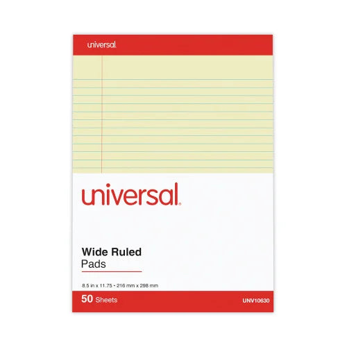 Universal Perforated Ruled Writing Pads, Wide/Legal Rule, Red Headband, 50 Canary-Yellow 8.5 x 11.75 Sheets, Dozen (UNV10630)