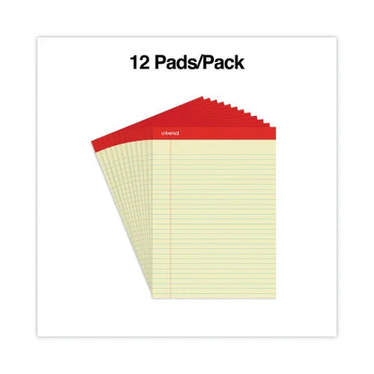 Universal Perforated Ruled Writing Pads, Wide/Legal Rule, Red Headband, 50 Canary-Yellow 8.5 x 11.75 Sheets, Dozen (UNV10630)