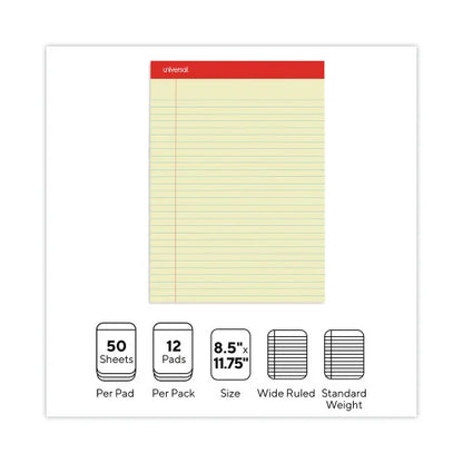 Universal Perforated Ruled Writing Pads, Wide/Legal Rule, Red Headband, 50 Canary-Yellow 8.5 x 11.75 Sheets, Dozen (UNV10630)