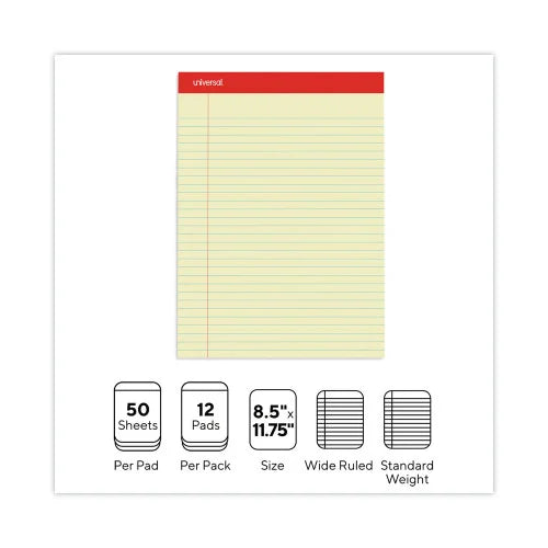 Universal Perforated Ruled Writing Pads, Wide/Legal Rule, Red Headband, 50 Canary-Yellow 8.5 x 11.75 Sheets, Dozen (UNV10630)