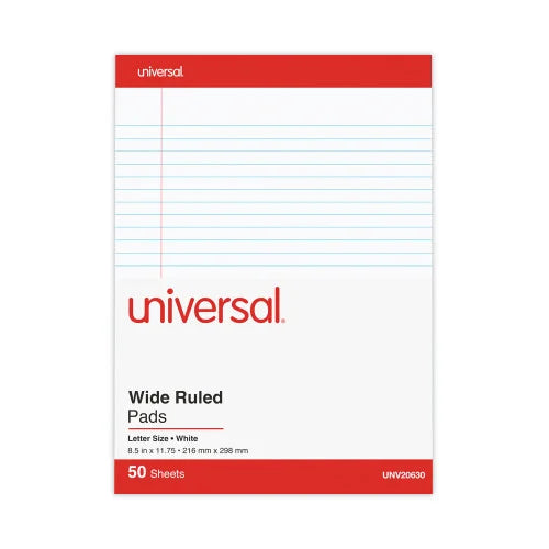 Universal Perforated Ruled Writing Pads, Wide/Legal Rule, Red Headband, 50 White 8.5 x 11.75 Sheets, Dozen (UNV20630)