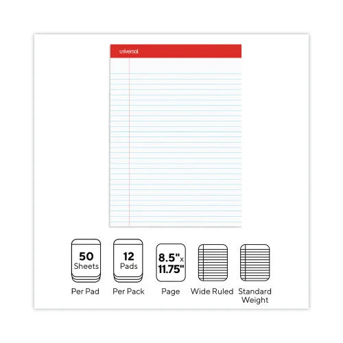 Universal Perforated Ruled Writing Pads, Wide/Legal Rule, Red Headband, 50 White 8.5 x 11.75 Sheets, Dozen (UNV20630)