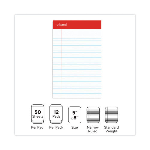 Universal Perforated Ruled Writing Pads, Narrow Rule, Red Headband, 50 White 5 x 8 Sheets, Dozen (UNV46300)