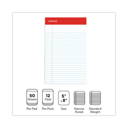 Universal Perforated Ruled Writing Pads, Narrow Rule, Red Headband, 50 White 5 x 8 Sheets, Dozen (UNV46300)