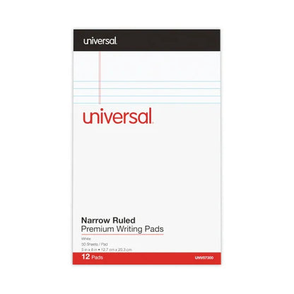 Universal Premium Ruled Writing Pads with Heavy-Duty Back, Narrow Rule, Black Headband, 50 White 5 x 8 Sheets, 12/Pack (UNV57300)