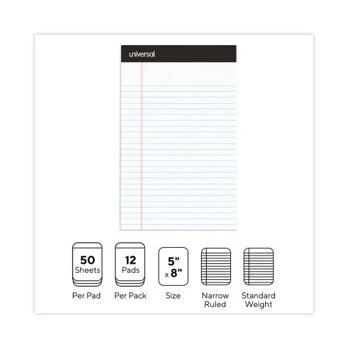 Universal Premium Ruled Writing Pads with Heavy-Duty Back, Narrow Rule, Black Headband, 50 White 5 x 8 Sheets, 12/Pack (UNV57300)