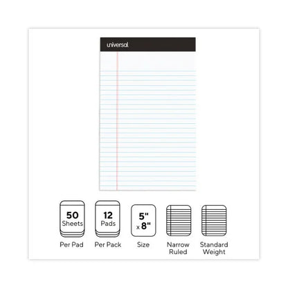 Universal Premium Ruled Writing Pads with Heavy-Duty Back, Narrow Rule, Black Headband, 50 White 5 x 8 Sheets, 12/Pack (UNV57300)