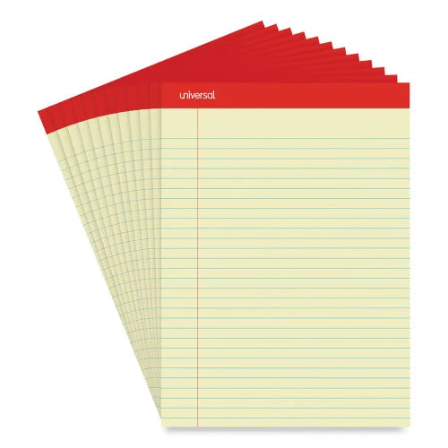 Universal Perforated Ruled Writing Pads, Wide/Legal Rule, Red Headband, 50 Canary-Yellow 8.5 x 11.75 Sheets, Dozen (UNV10630)