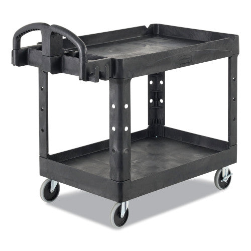 Rubbermaid Commercial BRUTE Heavy-Duty Utility Cart with Lipped Shelves, Plastic, 2 Shelves, 750 lb Capacity, 26" x 55" x 33.25", Black (4546BLA)