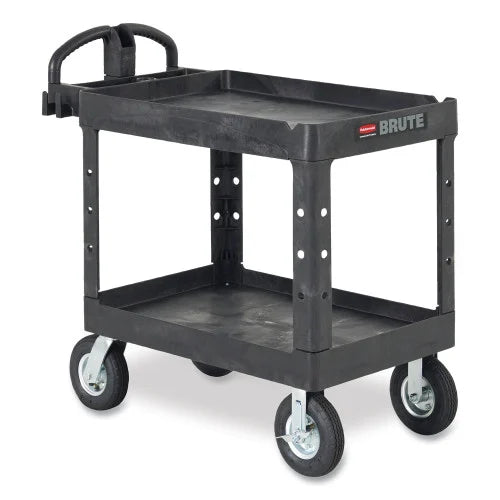 Rubbermaid Commercial BRUTE Heavy-Duty Utility Cart with Lipped Shelves, Plastic, 2 Shelves, 750 lb Capacity, 26" x 55" x 33.25", Black (4546BLA)