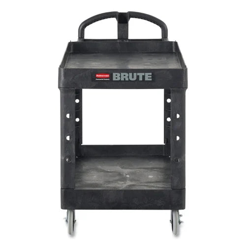 Rubbermaid Commercial BRUTE Heavy-Duty Utility Cart with Lipped Shelves, Plastic, 2 Shelves, 750 lb Capacity, 26" x 55" x 33.25", Black (4546BLA)