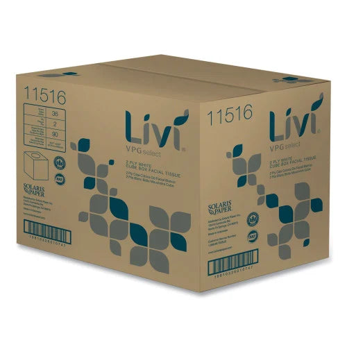 Livi® Facial Tissues, Cube Box, 2-Ply, White, 90 Tissue/Box, 36 Boxes (11516)
