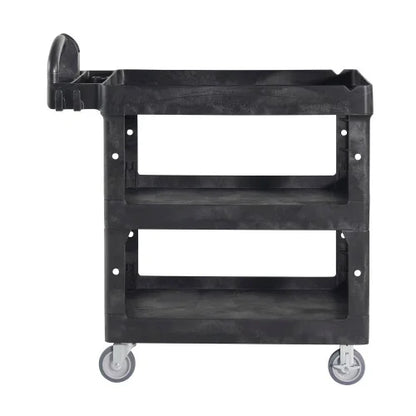 Rubbermaid Commercial BRUTE 3-Shelf Heavy-Duty Ergo Lipped Utility Cart, Resin, 3 Shelves, 600 lb Capacity, 25.24" x 44" x 47", Black (2196862)
