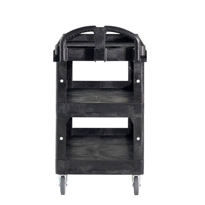 Rubbermaid Commercial BRUTE 3-Shelf Heavy-Duty Ergo Lipped Utility Cart, Resin, 3 Shelves, 600 lb Capacity, 25.24" x 44" x 47", Black (2196862)