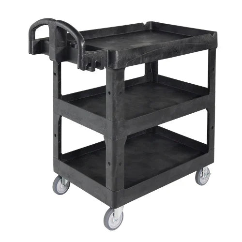 Rubbermaid Commercial BRUTE 3-Shelf Heavy-Duty Ergo Lipped Utility Cart, Resin, 3 Shelves, 600 lb Capacity, 25.24" x 44" x 47", Black (2196862)